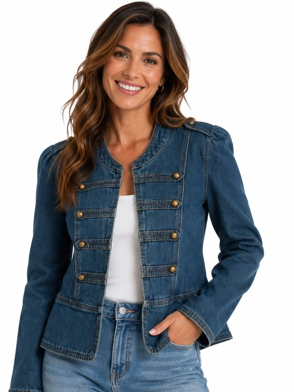 007.New Denim Military-Style Jacket - Blue